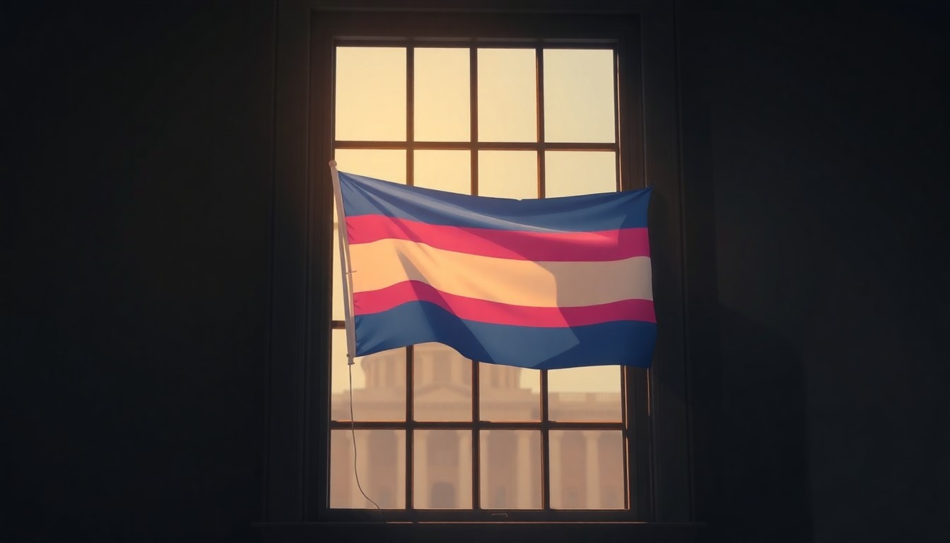 A warm, cinematic painting depicting a solitary transgender pride flag hanging in the window of a government building, the flag's colors reflecting the sunlight streaming in through the window and casting deep shadows across the scene.