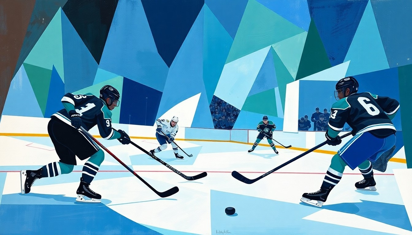 A cubist, geometric painting depicting the chaotic movements and trajectory of a hockey game, with angular forms in shades of blue, green, and white representing the players and puck.