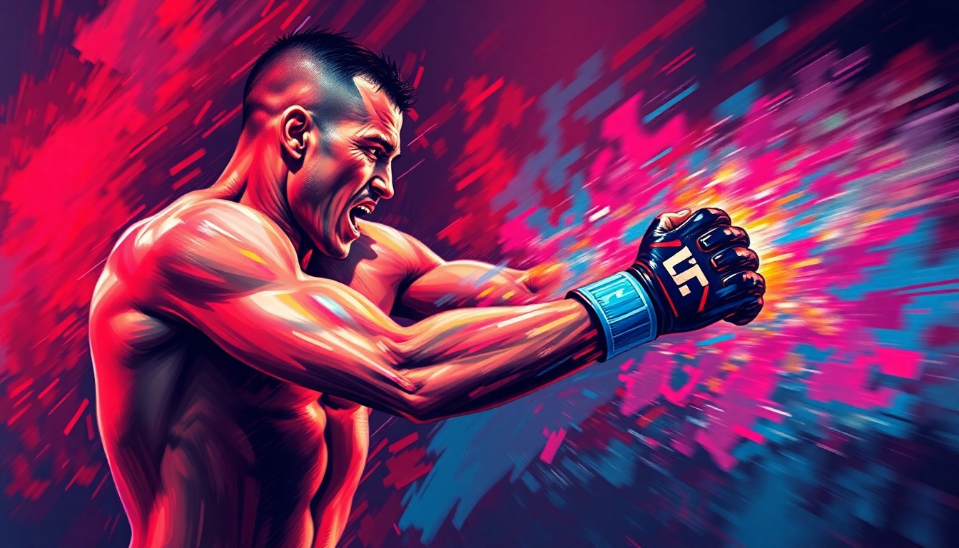 A vibrant, energetic painting in the style of LeRoy Neiman, with rapid brushstrokes and neon colors capturing the raw power and movement of a UFC fighter mid-strike, conceptually representing Aaron Pico's determination to bounce back from his debut defeat.
