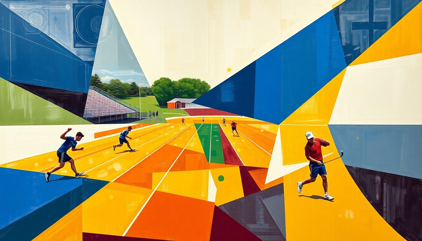 A fractured, cubist-style painting depicting the dynamic movements and competitive energy of a high school sports event, with sharp geometric shapes in navy, gold, maroon, and white representing the different teams and players.