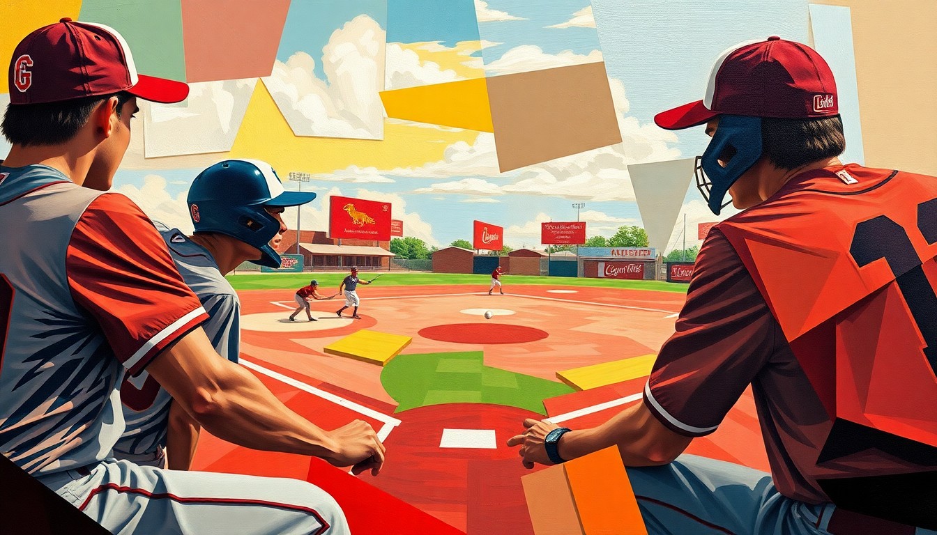 A cubist, geometric painting depicting a softball game, with overlapping planes of bright green, blue, and red colors representing the players and field of play.