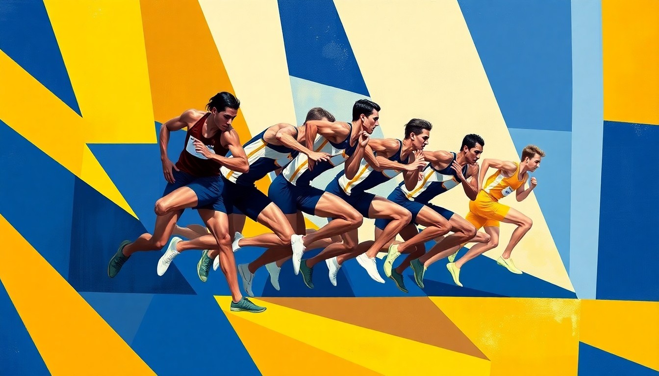 A cubist, geometric painting depicting the dynamic movements and obstacles of a steeplechase race, rendered in the official navy blue and gold colors of Loyola University New Orleans.