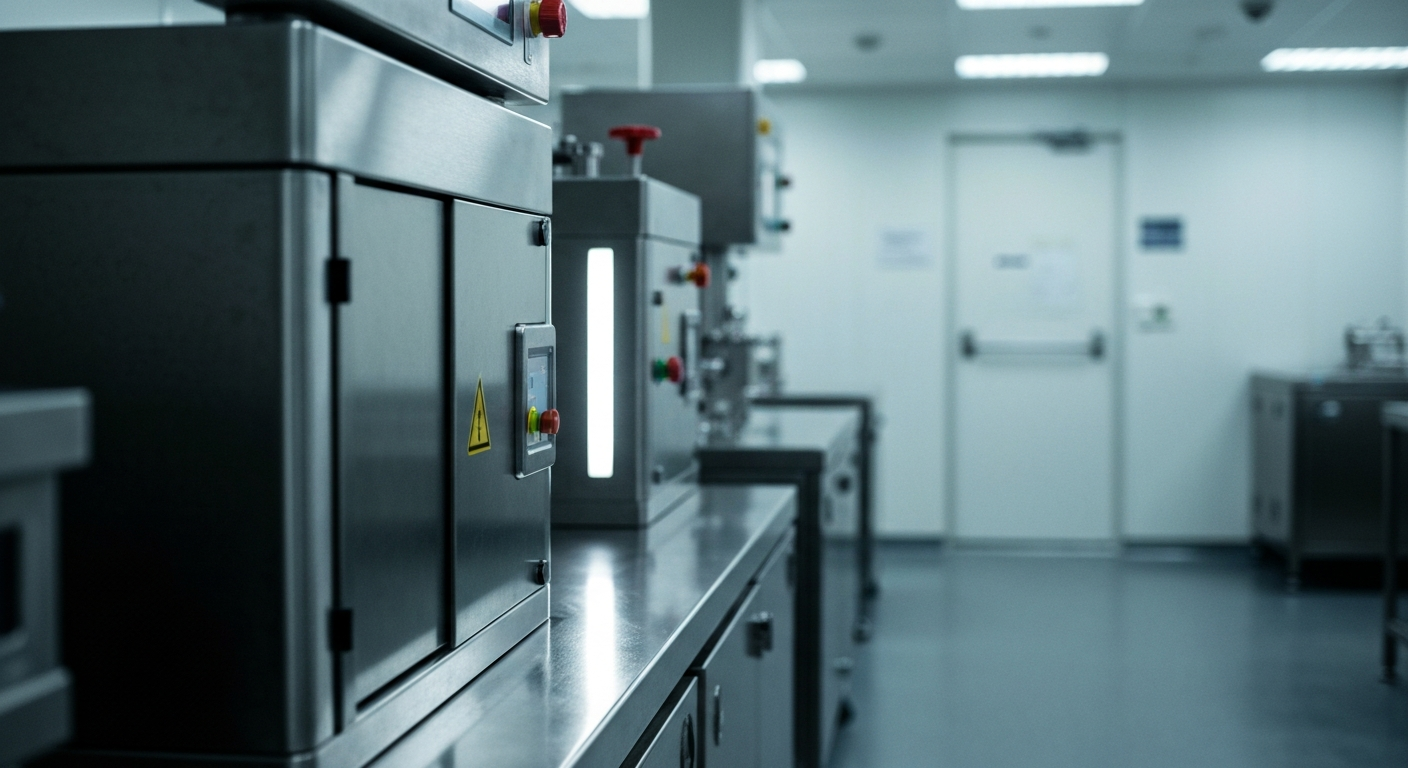 An extreme close-up of intricate pharmaceutical manufacturing equipment, pipes, and machinery, conveying the complex, industrial nature of drug development.