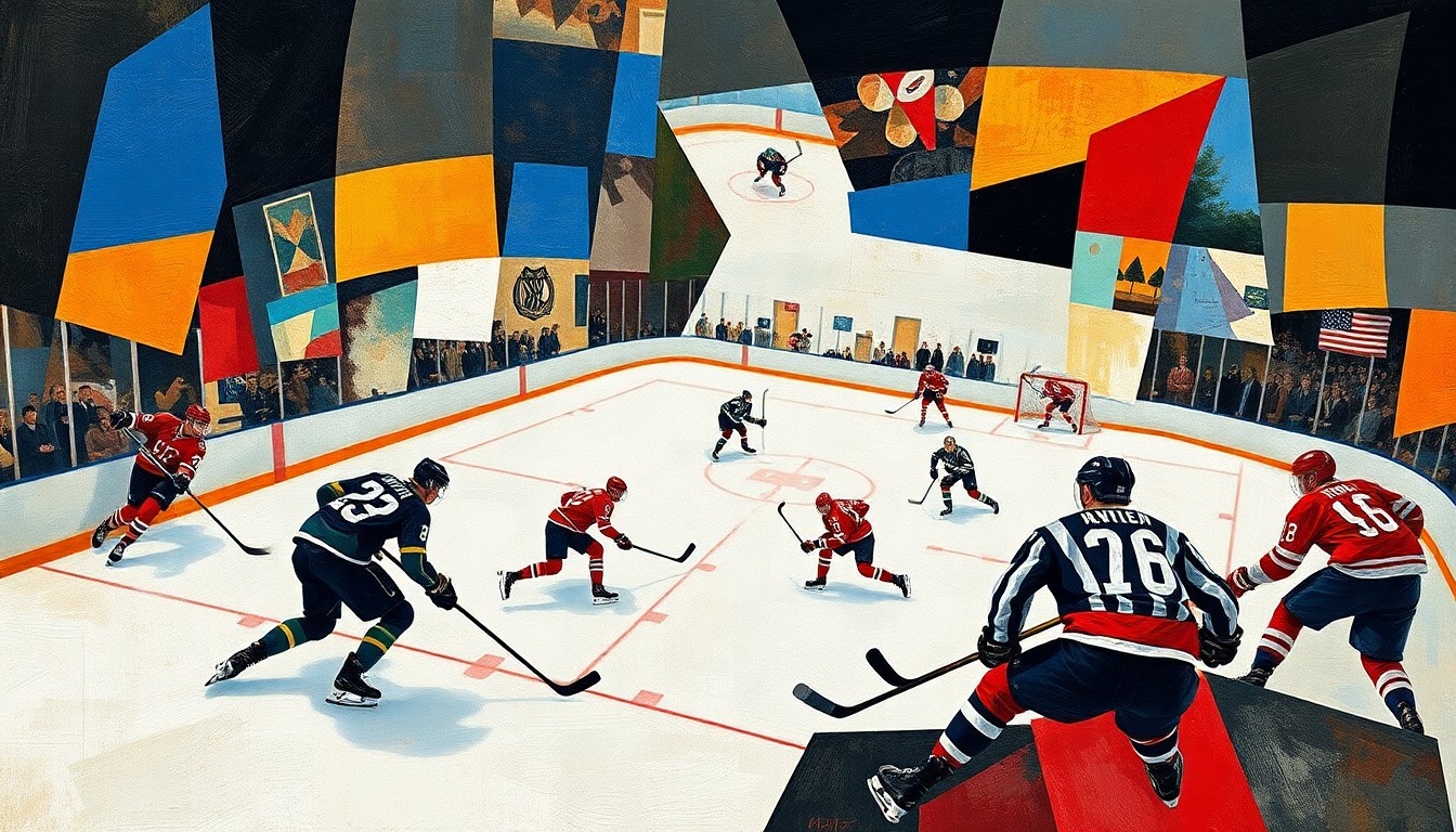 A cubist, geometric painting depicting the chaotic action of a hockey game, with players and the puck fragmented into overlapping planes of vibrant colors and sharp angles.