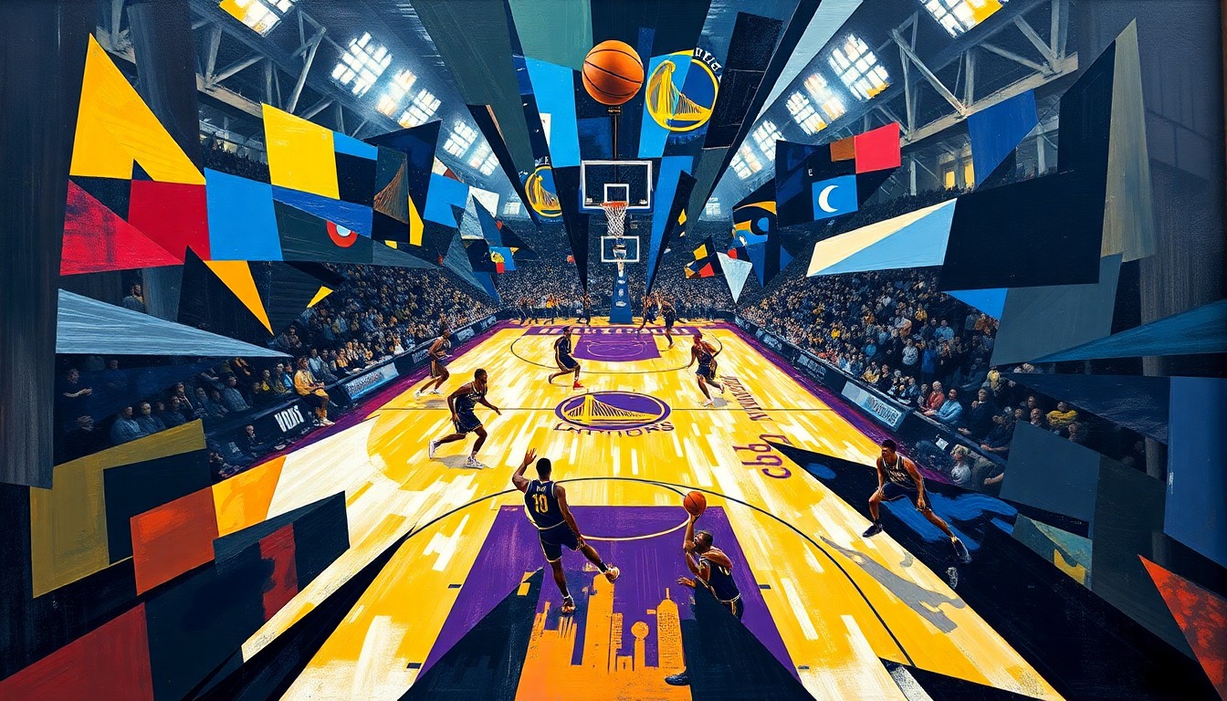 A cubist, geometric painting depicting a basketball game between the Golden State Warriors and Los Angeles Lakers, with players' movements and the ball's trajectory broken down into sharp, overlapping shapes and forms, capturing the raw energy and intensity of the matchup.