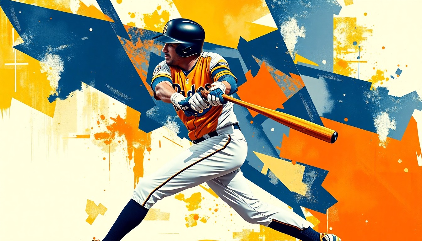 A fragmented, geometric painting in bold navy, orange, and white colors depicting the overlapping motion of a baseball player swinging a bat from multiple angles.