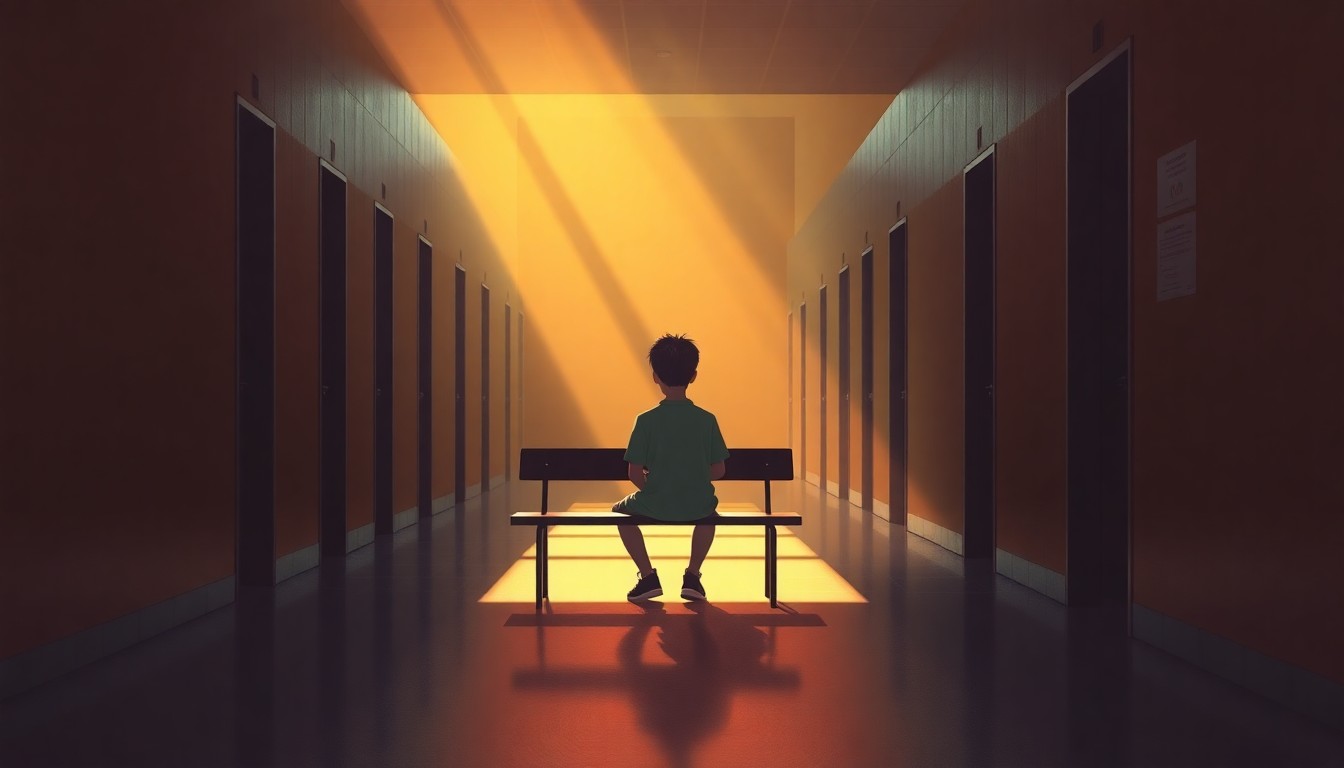 A quiet, cinematic painting of a solitary student sitting alone on a bench in a dimly lit school hallway, the scene bathed in warm, diagonal sunlight and deep shadows, conceptually illustrating the need for mentorship and support.