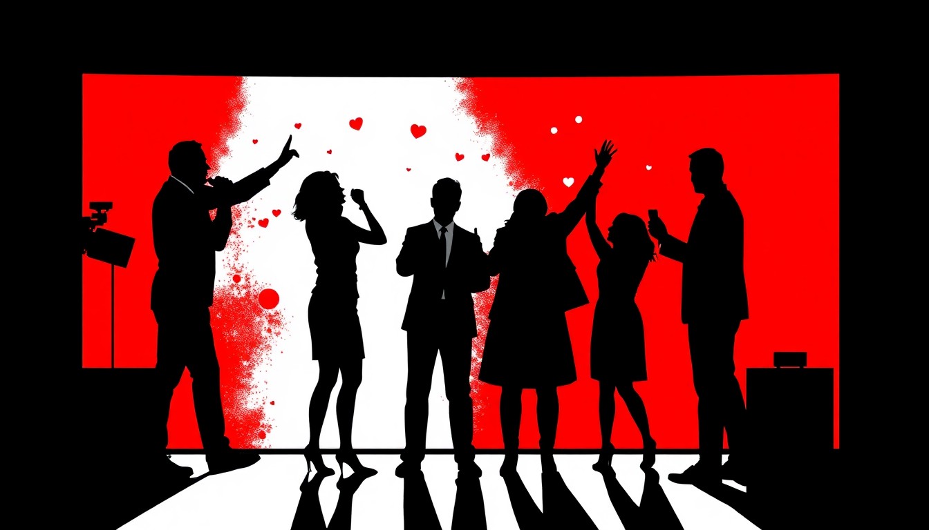 An abstract, minimalist illustration using bold black shapes and high-contrast colors to represent the conflict between news coverage and personal celebrations on television.