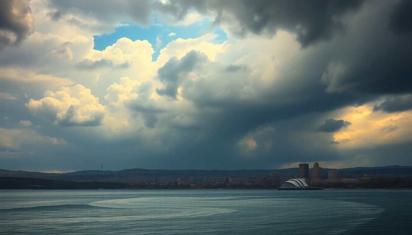 A sweeping, atmospheric landscape painting in muted tones of gray, blue, and green, capturing the dramatic scale and power of the natural environment surrounding the city of Duluth, with the urban structures dwarfed by the vast, cloudy sky.