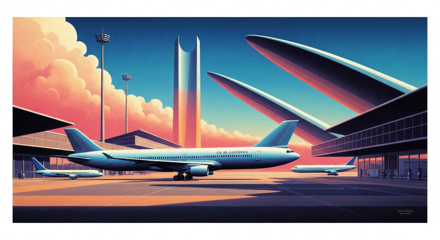 A highly stylized, geometric illustration depicting the grand scale and streamlined forms of air travel, with sweeping gradients and towering perspectives, conceptually representing the aviation industry's efforts to address the risks of portable electronic devices.