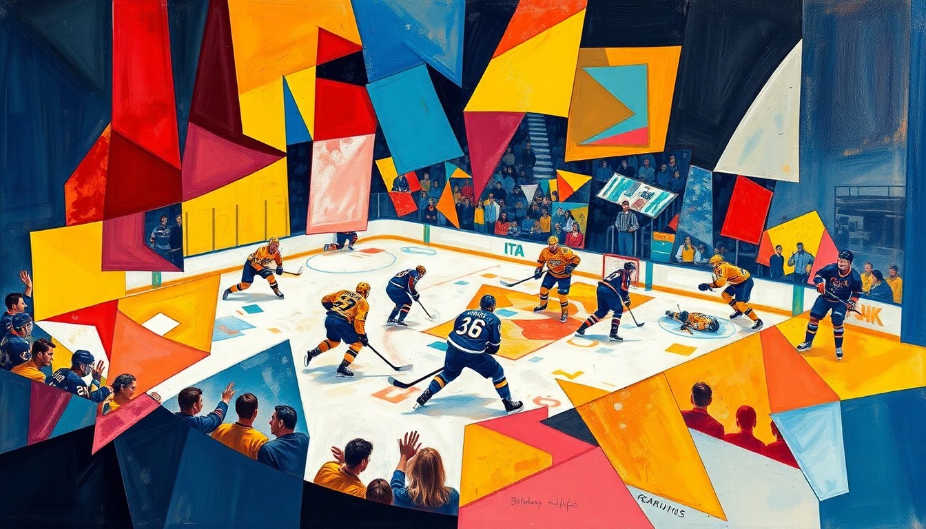 A cubist, geometric painting depicting a hockey game between the Utah Mammoth and Nashville Predators, with the players and action broken down into sharp, overlapping planes of color and form.