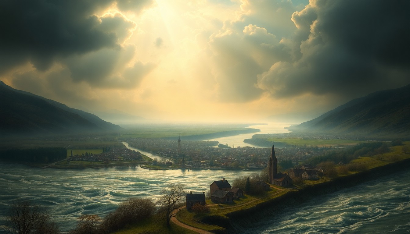A sweeping, atmospheric landscape painting depicting a small town nestled along a swollen river, its aging levee system barely visible in the foreground as the overwhelming scale of the natural world looms large, conveying the mood of an impending flood.