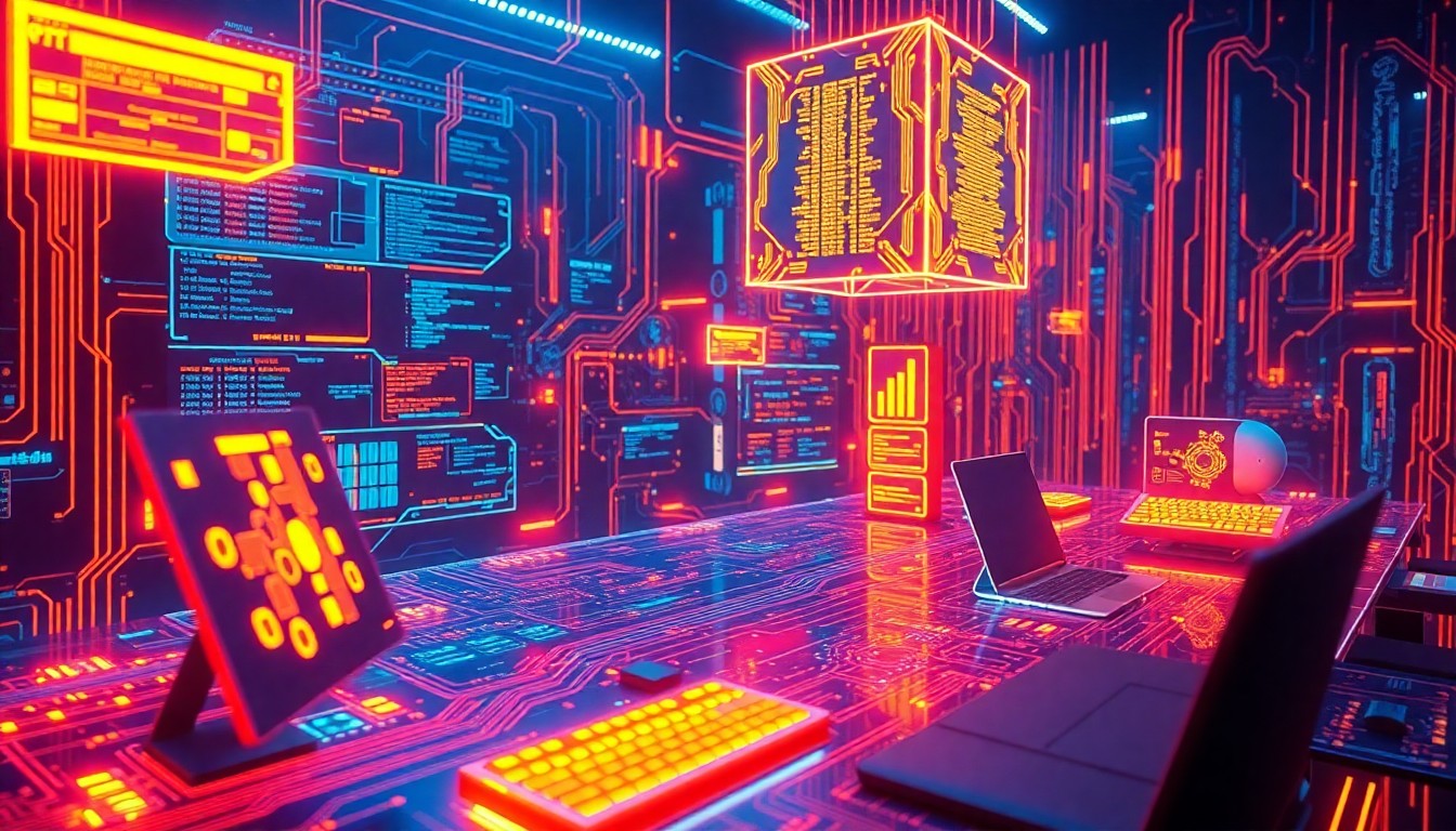 A highly detailed, glowing 3D illustration of a futuristic, neon-lit coding workspace with floating holographic interfaces, pulsing data streams, and intricate circuit board patterns, conveying a sense of advanced, interconnected technology powering the next generation of AI-assisted software development.