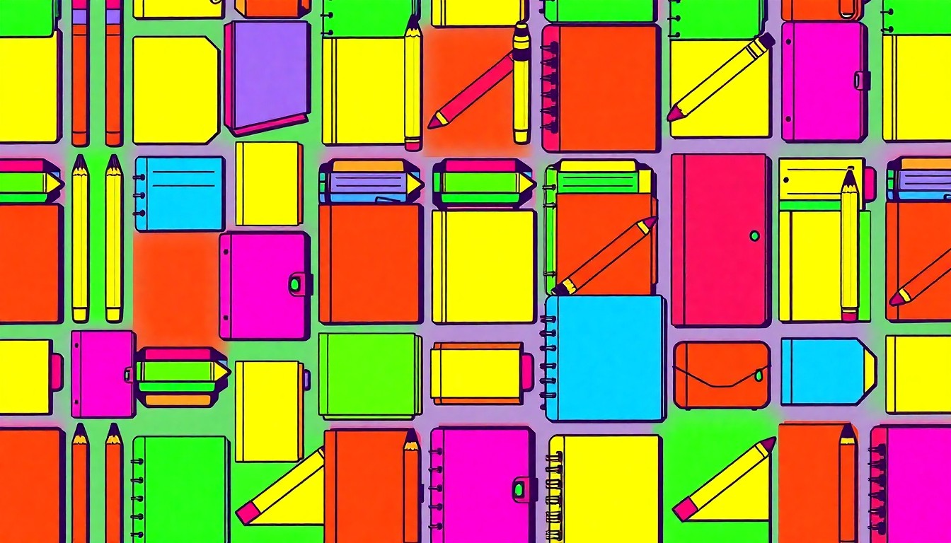 A highly stylized, abstract grid of brightly colored school supplies, conceptually representing the fight for educational resources and the value of experienced teachers.