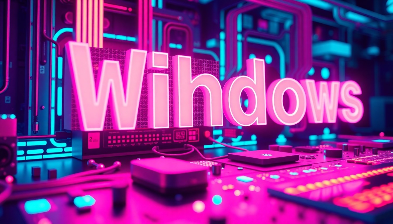 A highly detailed, glowing 3D illustration of various Windows operating system components and hardware elements, bathed in vibrant neon cyan and magenta lighting, conveying the technological complexity and high-stakes nature of Microsoft's decisions regarding the future of its flagship platform.