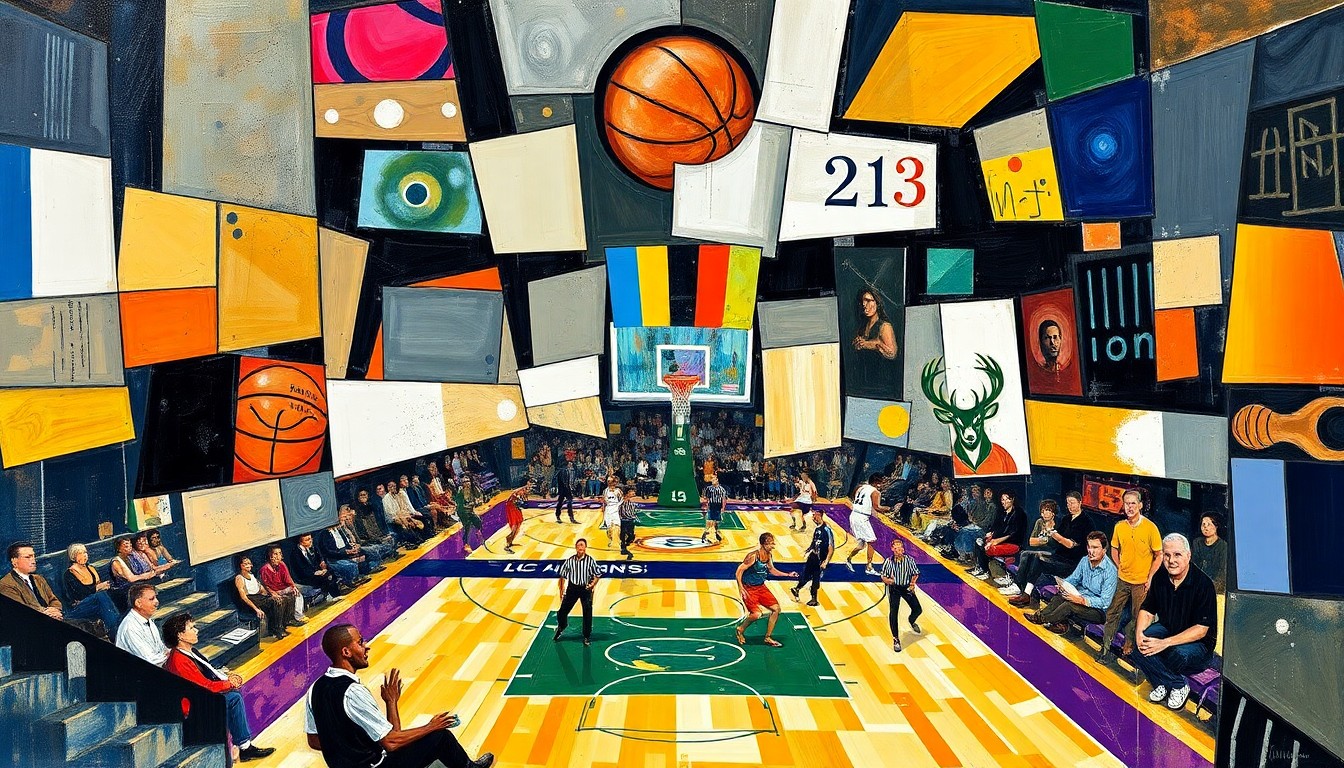 A fragmented, geometric painting depicting a basketball game or match, with sharp, overlapping planes of color and form representing the complex trade negotiations between the Lakers and Bucks.