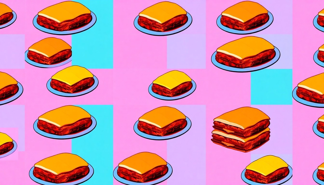 A brightly colored, high-contrast silkscreen print of a stack of Spam Musubi repeated in a tight grid pattern, utilizing flat, vibrant neon colors and heavy black photographic outlines to transform the everyday Hawaiian snack into modern pop art.