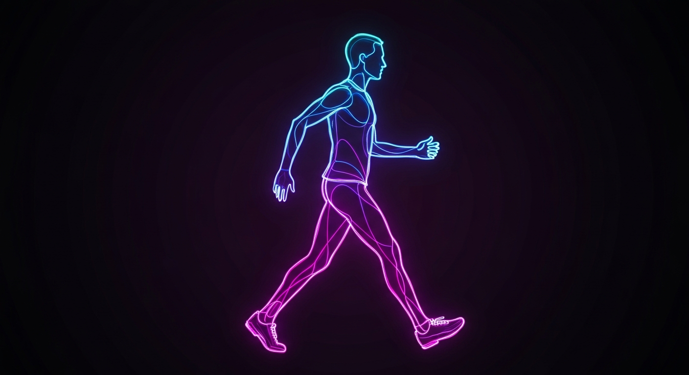 A minimalist, neon-outlined illustration of a person walking briskly, conveying a sense of energy and movement through the use of vibrant, glowing lines against a dark background.