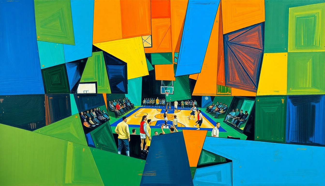 A cubist, geometric painting depicting fragmented and overlapping basketball players, basketballs, and lottery numbers, conveying the high-stakes competition for top draft position.