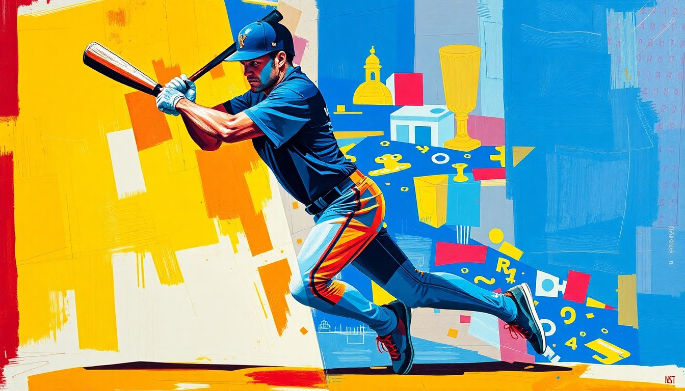 A cubist-style painting depicting a baseball player's swing or running motion broken down into sharp, overlapping geometric shapes in vibrant colors like blue, red, and yellow, conveying the fragmented nature of the Mets' lineup without their injured star player.