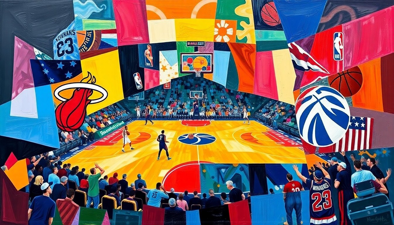 A fractured, geometric painting depicting a basketball game between the Miami Heat and Washington Wizards, with sharp, overlapping planes of color representing the players and court elements.