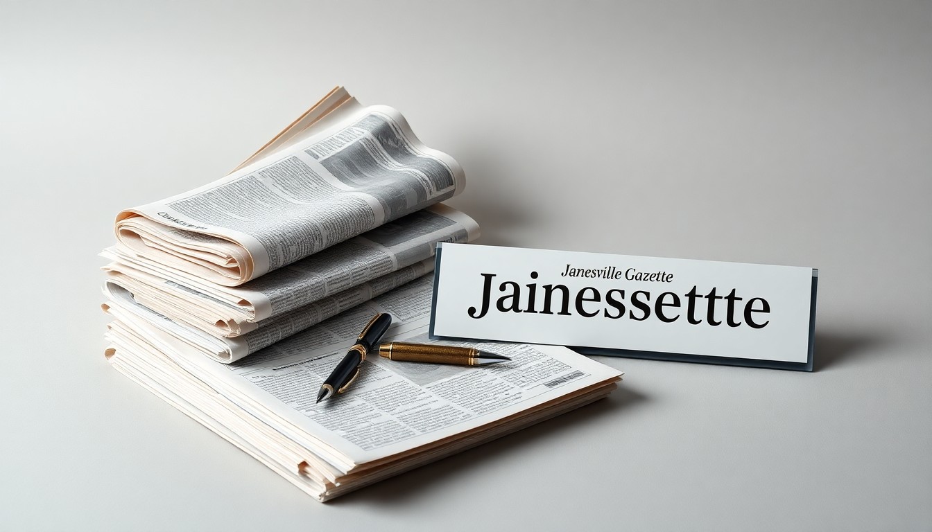 A high-end, photorealistic studio still-life photograph featuring a stack of old newspapers, a pen, and a desk nameplate with the words 