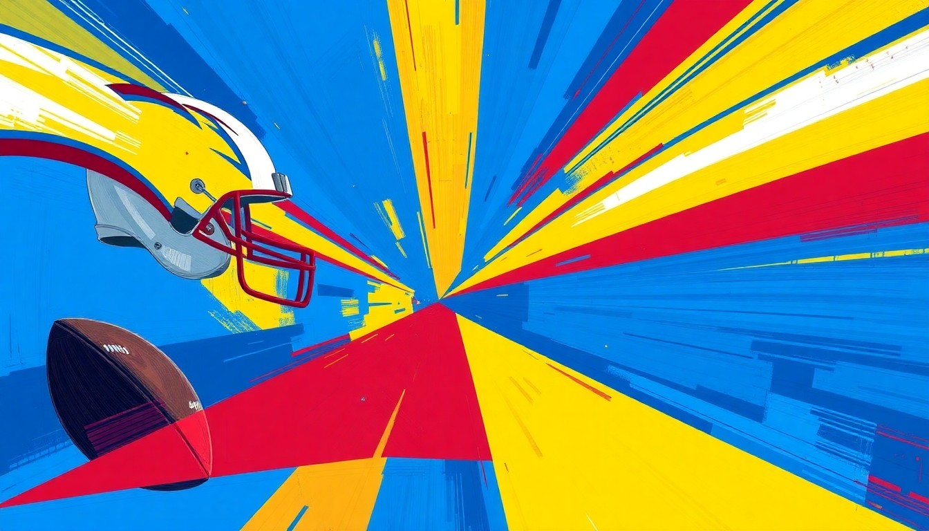 A fractured, multi-perspective painting in vibrant blues, yellows, and reds, breaking down the game of football into sharp, overlapping geometric planes to conceptually represent the strategic decisions facing the Chargers as they look to build around quarterback Justin Herbert.