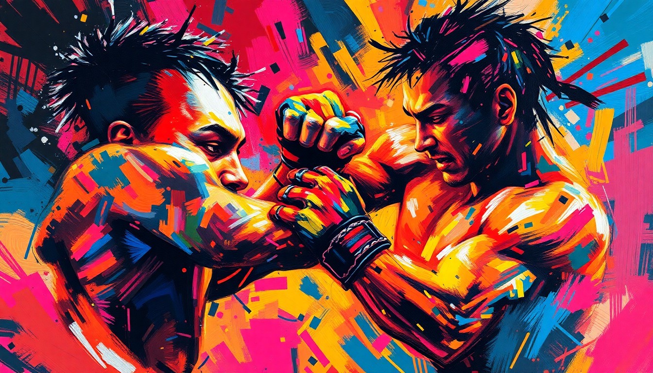 An abstract, energetic painting in neon colors capturing the dynamic movement and intensity of a mixed martial arts fight, with figures and details dissolving into expressive brushstrokes.