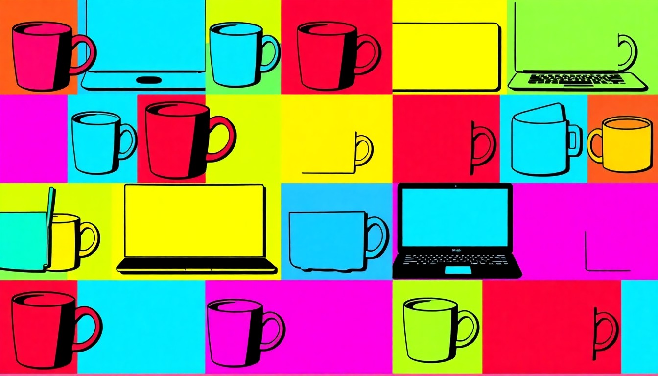 A brightly colored, high-contrast silkscreen print of a single, iconic office object like a coffee mug or laptop, repeated in a tight grid pattern, conceptually representing the role of everyday work tools in shaping our philosophies and experiences around the nature of work.