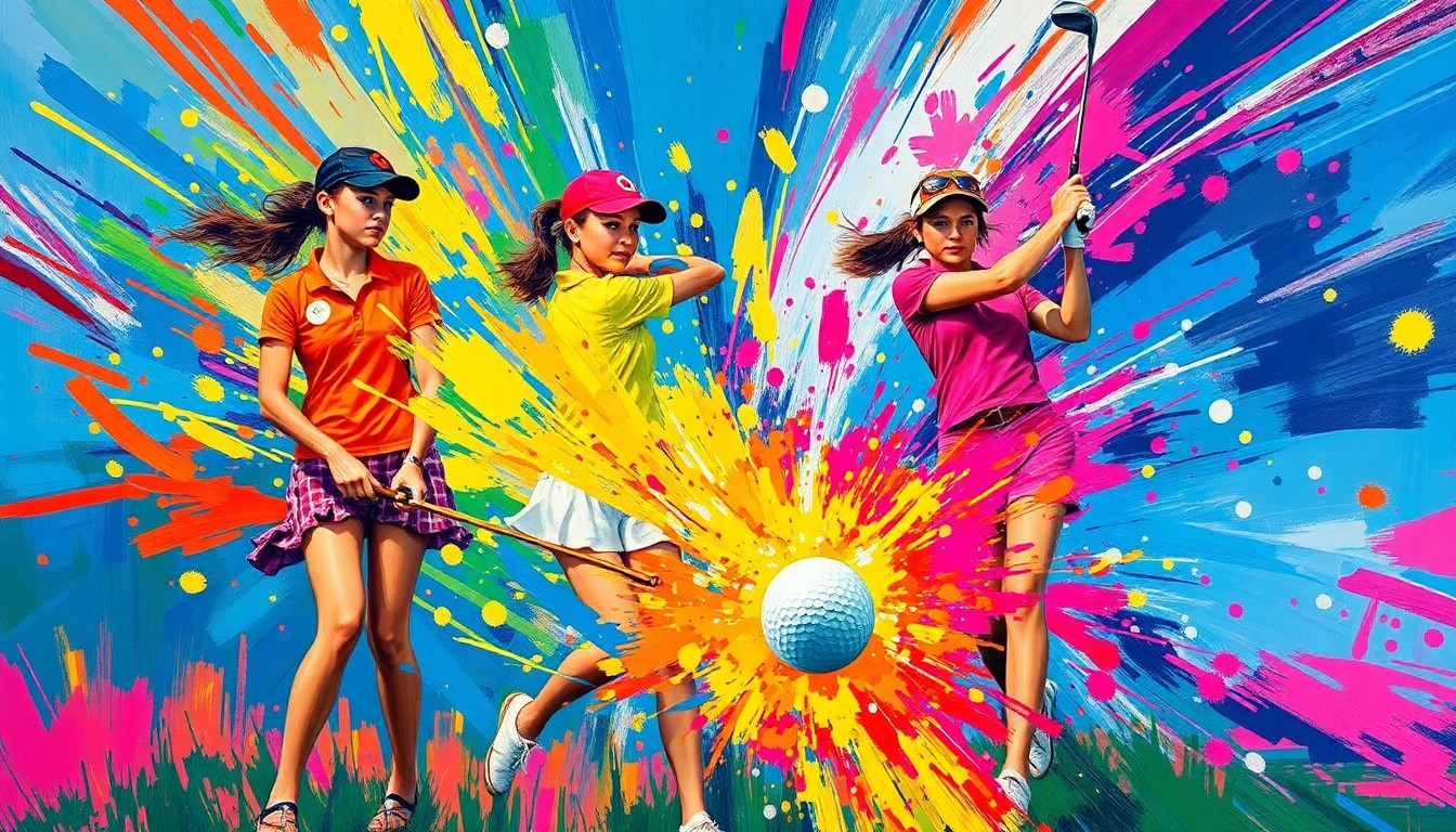 An abstract expressionist painting in vibrant neon colors, with rapid brushstrokes capturing the dynamic motion and energy of a high school golf tournament, the players' forms dissolving into unrecognizable splatters of color.