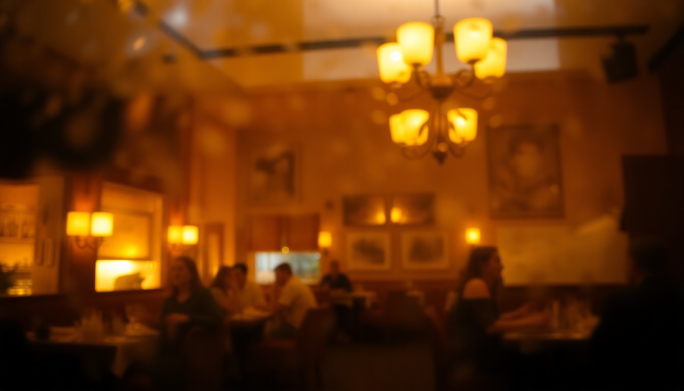 An abstract, impressionistic photograph showing the warm, softly lit interior of an Italian restaurant, with blurred silhouettes of diners and a sense of cozy, intimate atmosphere.