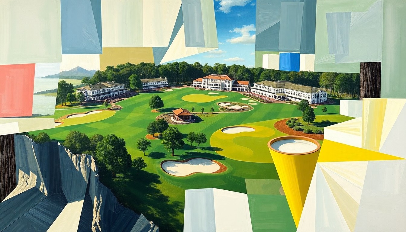 A cubist, geometric painting depicting the Augusta National Golf Course in an abstract, fragmented style, with sharp planes of color and shape representing the challenging course conditions.