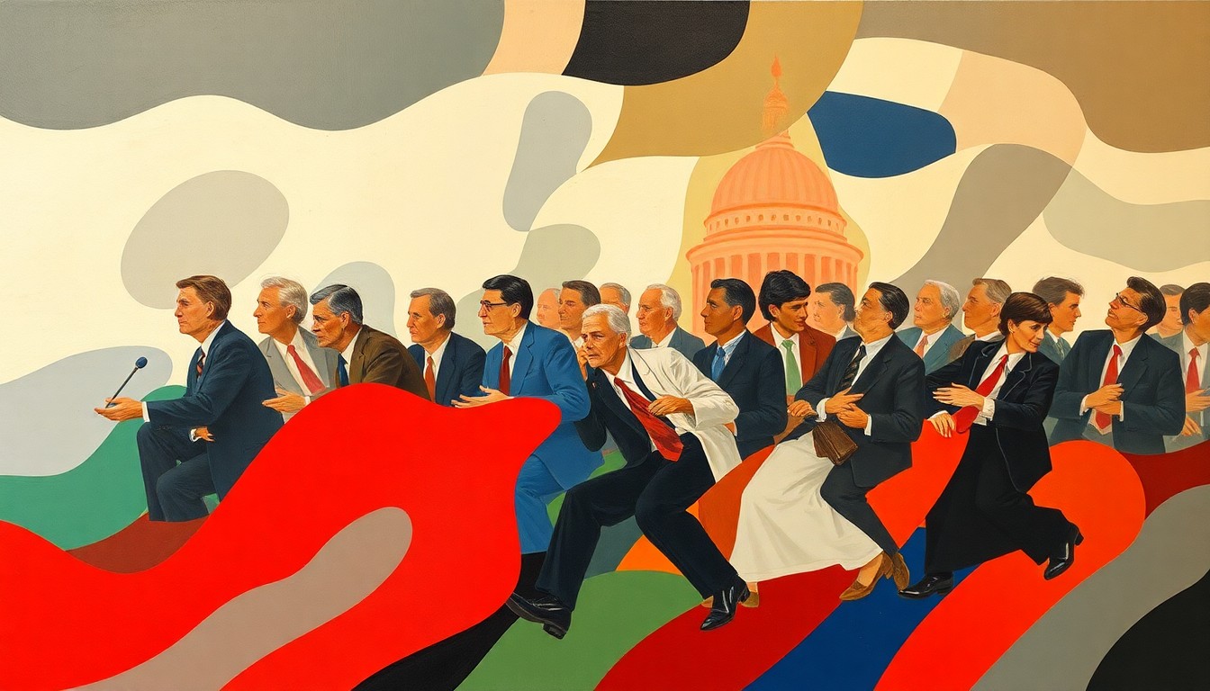 An abstract, fragmented painting in bold colors depicting the overlapping, geometric shapes of a political or governmental subject in motion, conveying the complex and rapidly changing nature of financial technology regulation.