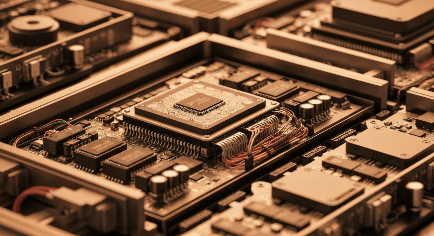 An extreme close-up of intricate, metallic data processing equipment and industrial machinery, conveying the advanced analytical capabilities that power BigBear.ai's AI solutions.