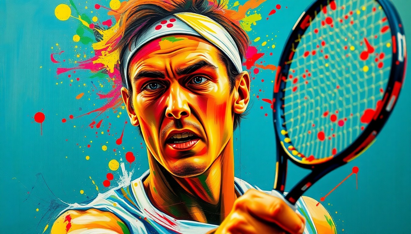 An abstract, expressionist painting featuring vibrant brushstrokes of neon colors that evoke the dynamic movement and energy of a tennis player, with their face and features obscured in the bold, gestural strokes.