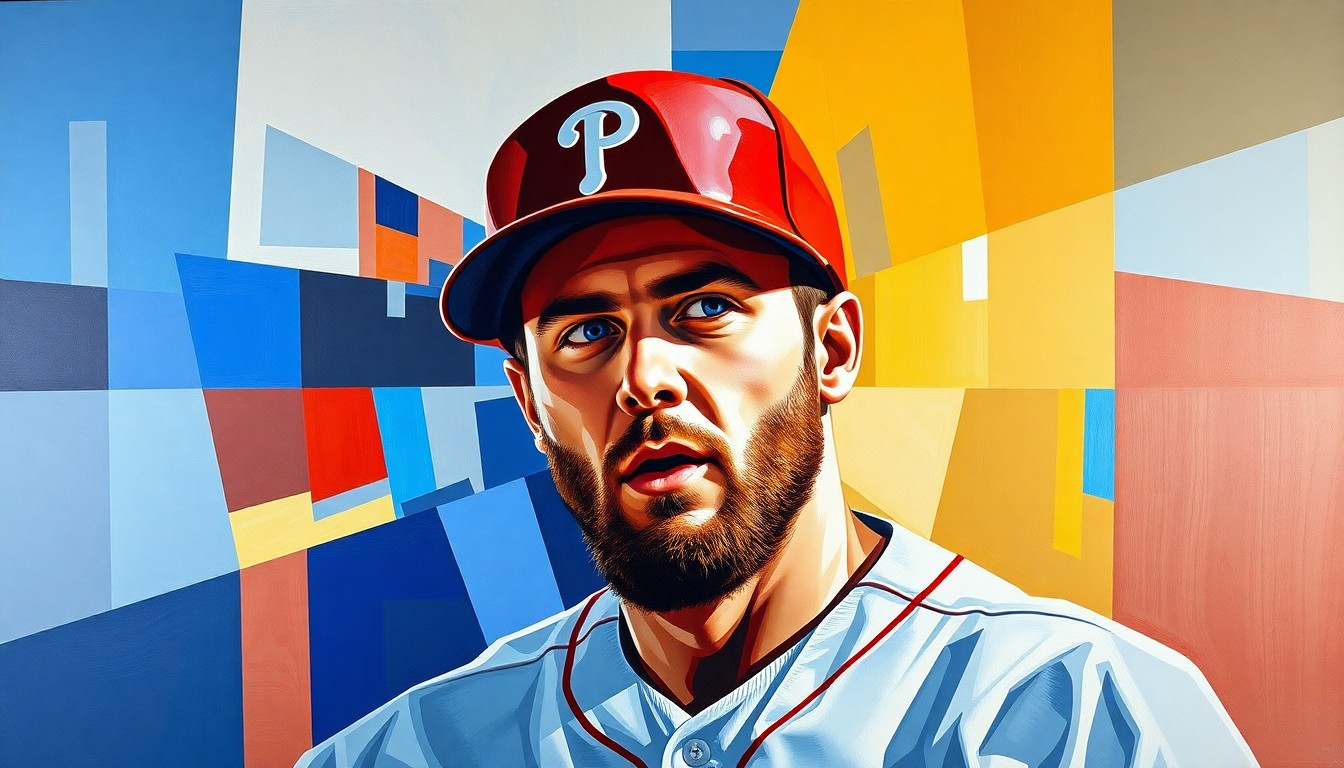A fragmented, geometric painting depicting the career of Bryce Harper with the Philadelphia Phillies, with sharp, overlapping shapes and planes representing the different aspects of his tenure with the team.
