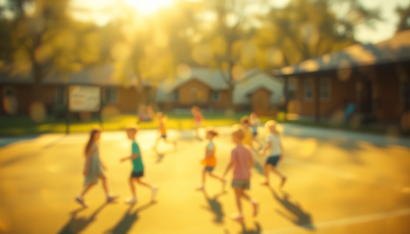 An abstract, impressionistic photograph of a blurred elementary school playground scene, with children's figures barely visible through a hazy, golden-toned lens, conveying a sense of warmth, energy, and new beginnings.