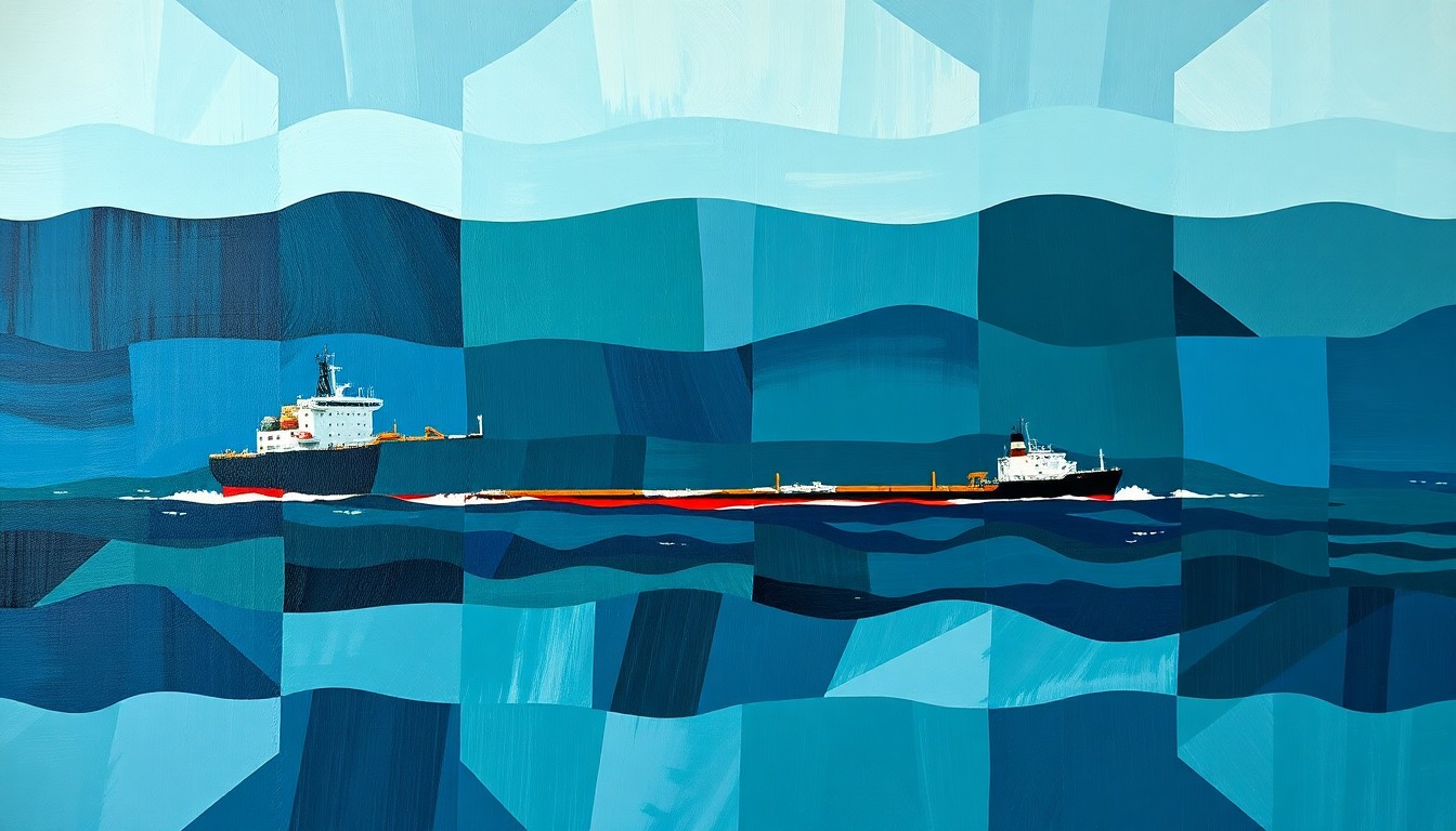 A fractured, abstract painting of an oil tanker ship in the Strait of Hormuz, with overlapping geometric shapes and waves of deep blues, greens, and greys, conveying a sense of disruption and instability in the region's energy markets.