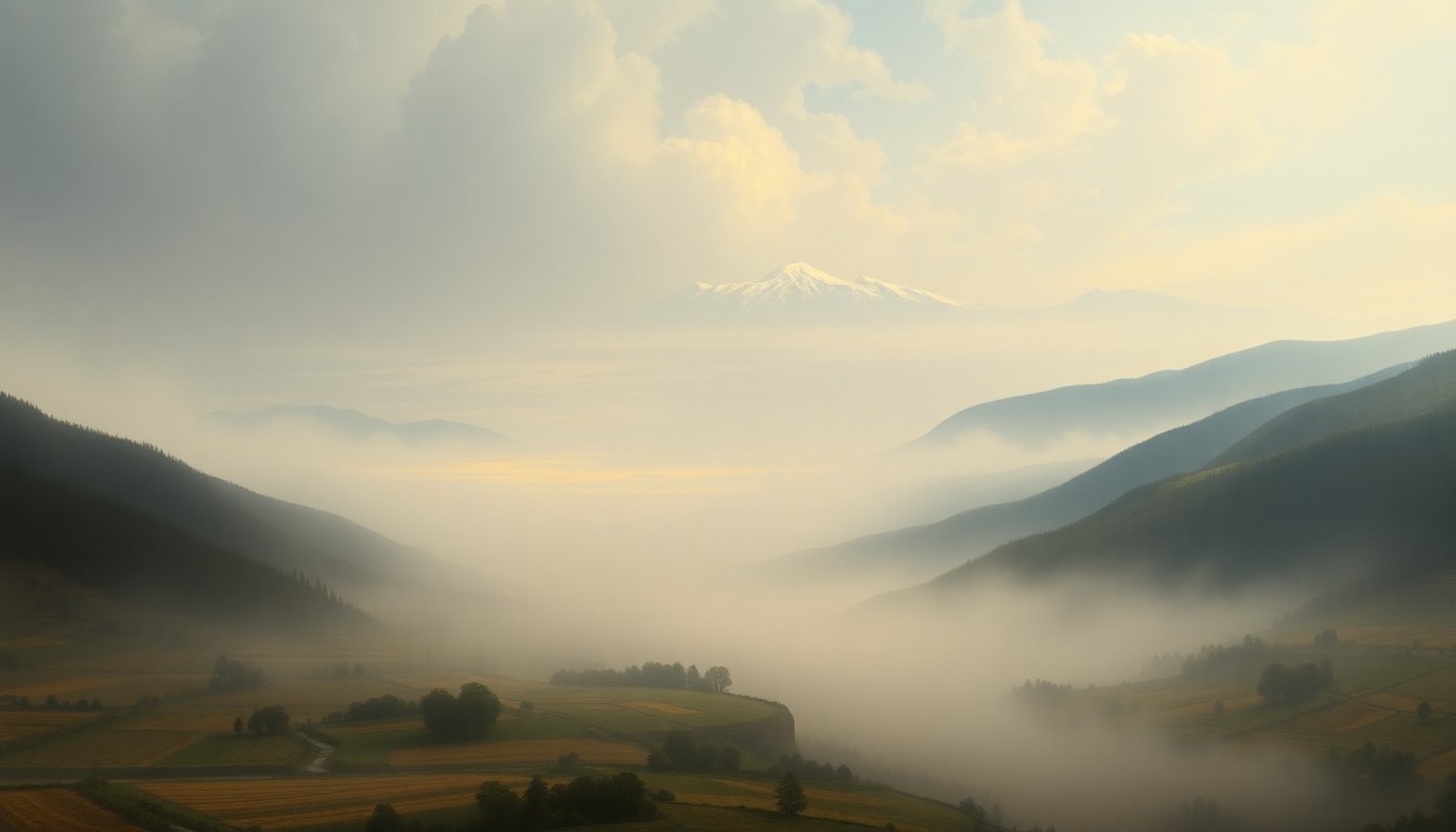 A sweeping, atmospheric landscape painting in muted tones of grey, blue, and white, depicting a vast, fog-shrouded valley with distant snow-capped mountains, conceptually representing the overwhelming scale of the natural forces impacting the region's water supply.