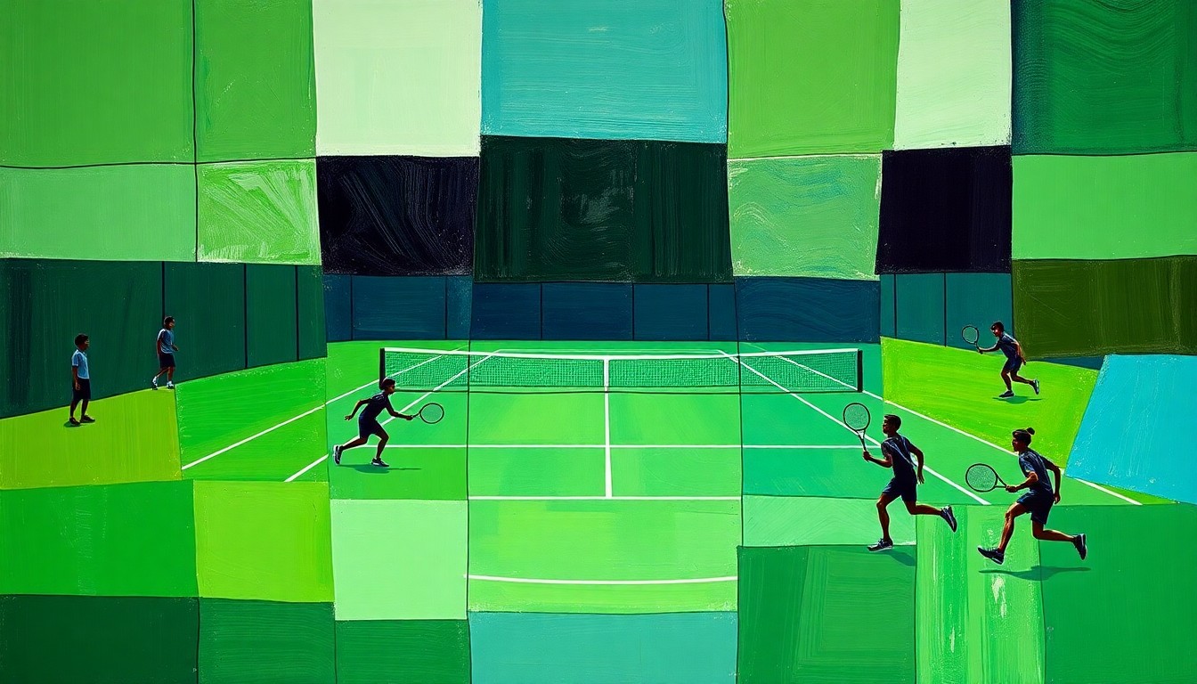 A fragmented, geometric painting depicting the action and energy of a high school tennis match, with overlapping planes of green courts, yellow balls, and blurred player movements.