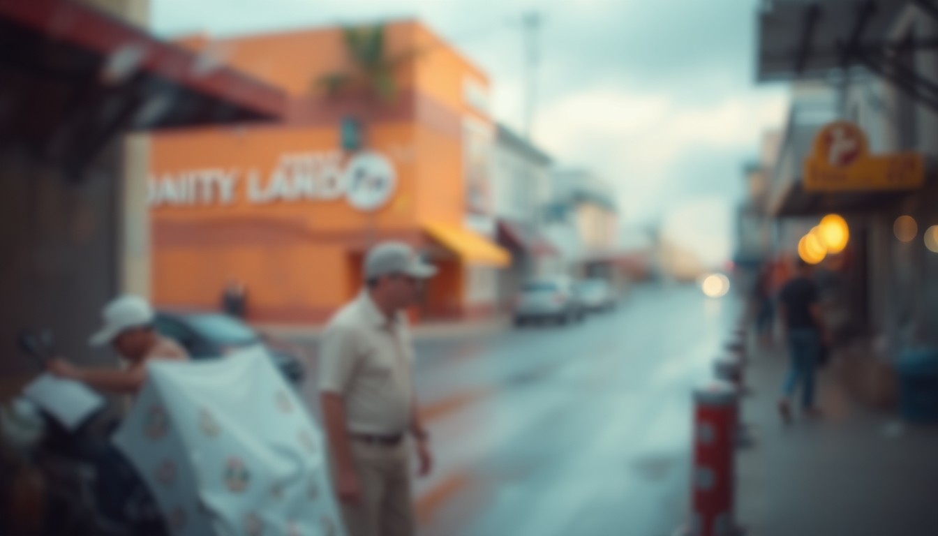 An abstract, impressionistic scene of a clean, litter-free street in a coastal Florida town, with soft, out-of-focus pools of warm, vibrant colors and light.