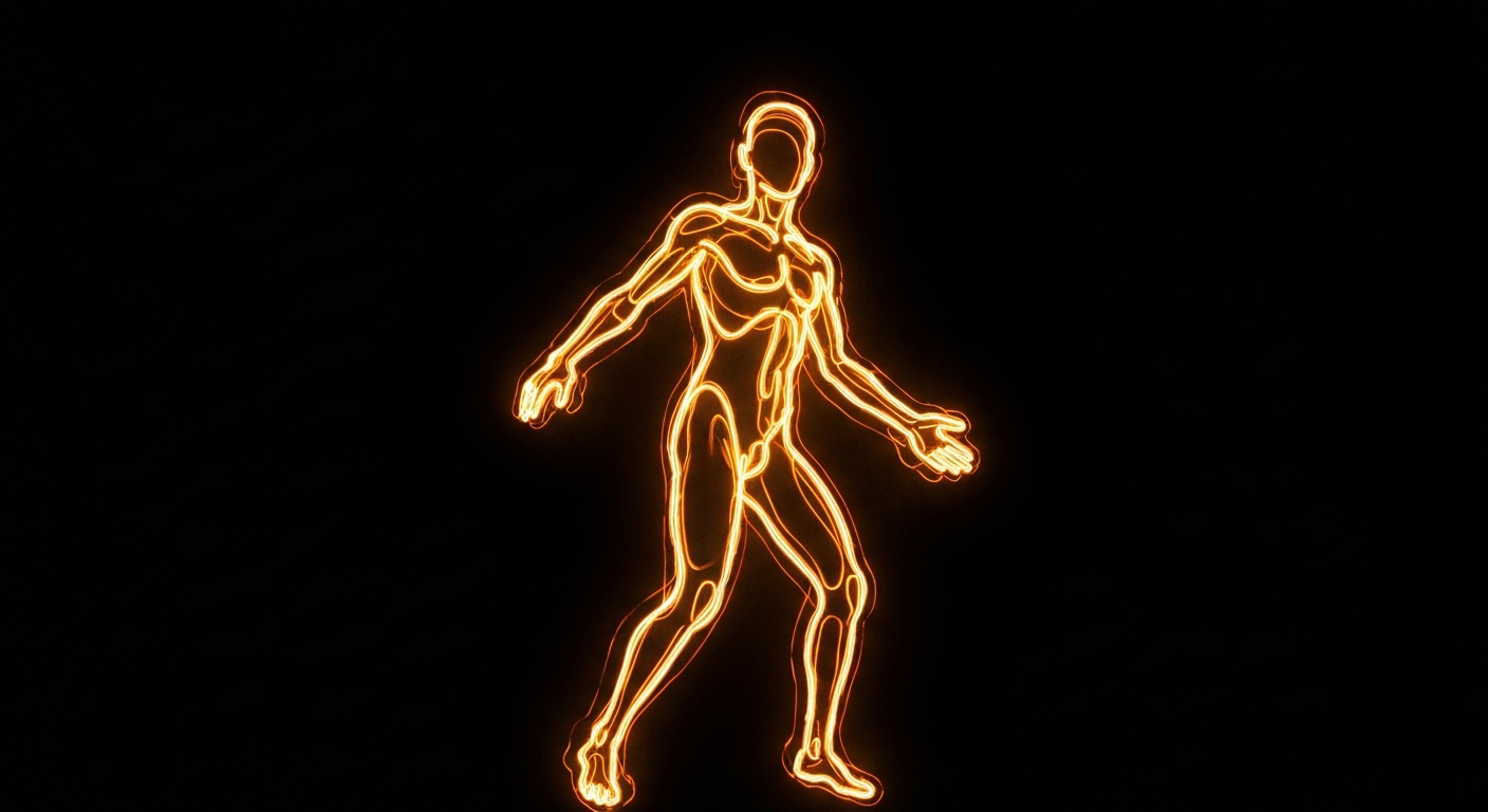 A minimalist neon outline illustration of a human figure in motion, with the glowing lines tracing the shifting form to convey a sense of transition and transformation.