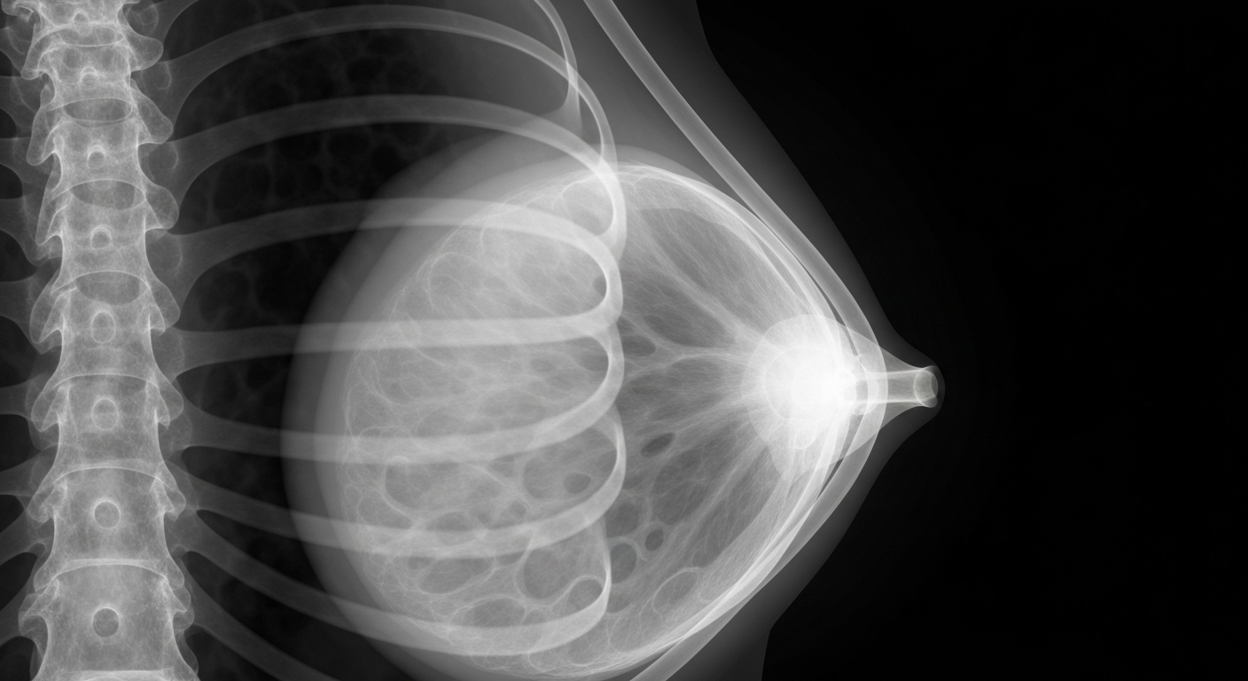 An extreme close-up X-ray image revealing the intricate internal structures of a human breast, conceptually illustrating the importance of reliable medical imaging services.