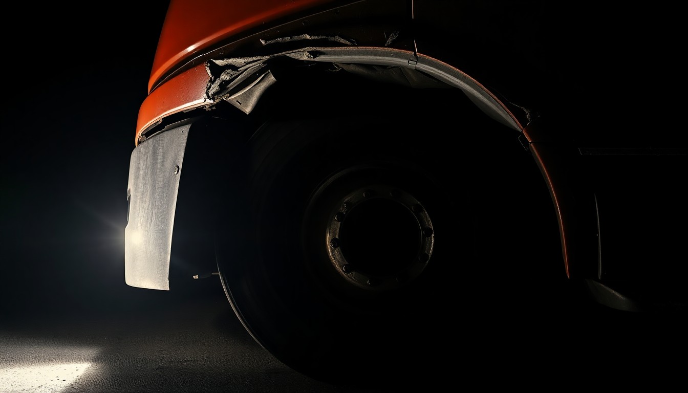 An extreme close-up photograph of a damaged semi-truck tire and wheel well, the metal and rubber textures dramatically lit by a harsh, direct camera flash against a pitch-black background, conceptually representing the aftermath of a serious commercial vehicle collision.