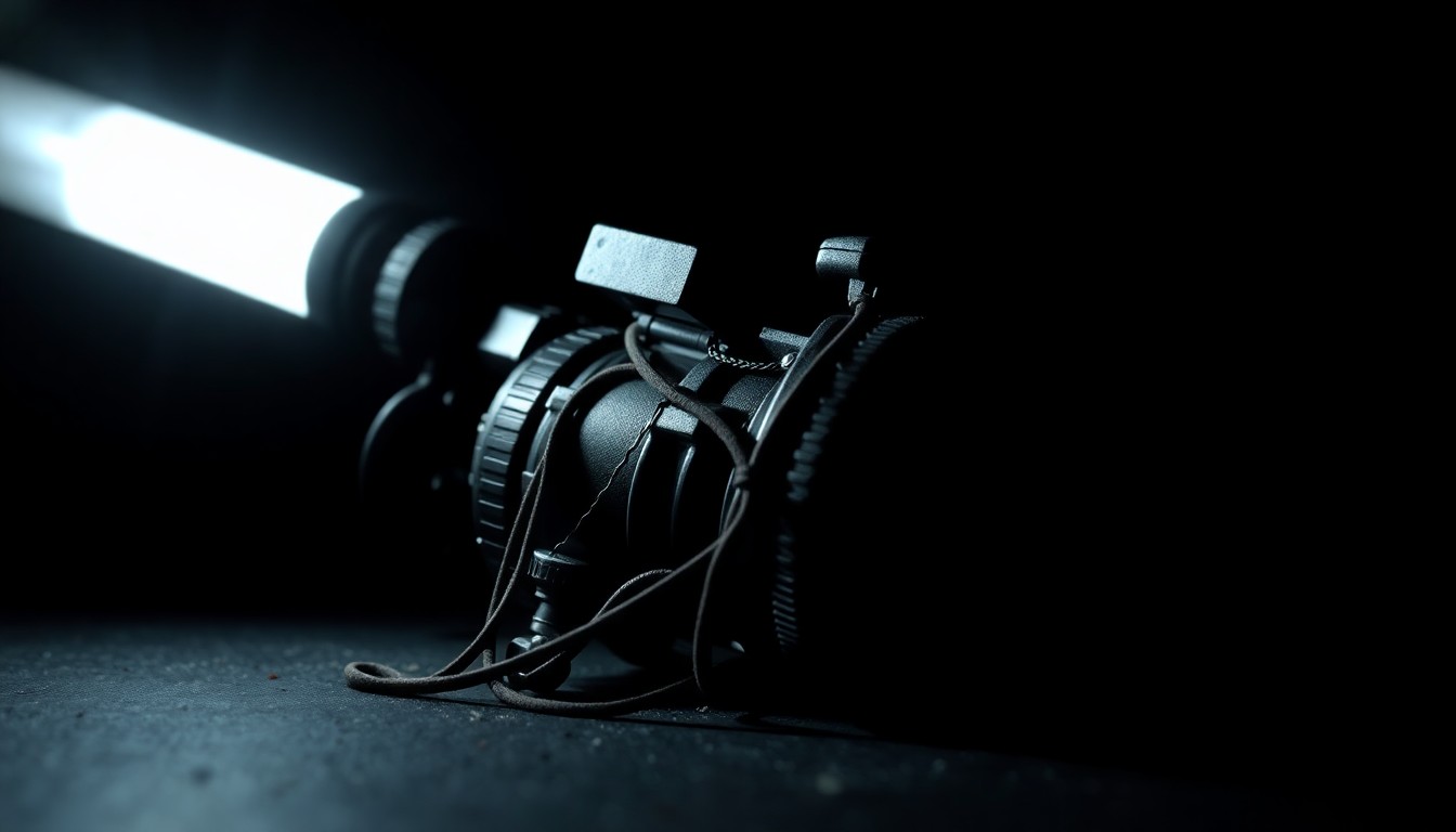 An extreme close-up photograph of a damaged police pursuit intervention device, such as a broken or tangled Grappler mechanism, lit by a harsh, direct camera flash against a pitch-black background, conceptually illustrating the failure of the technology during a high-speed pursuit.