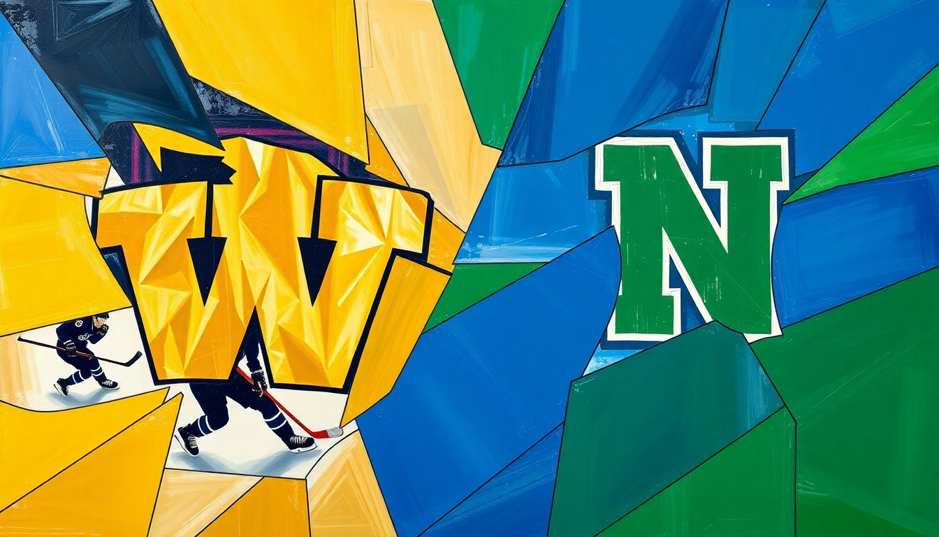 A cubist, geometric painting depicting the action of a hockey game, with the players and ice surface broken down into sharp, overlapping shapes and planes in shades of blue, gold, and green.