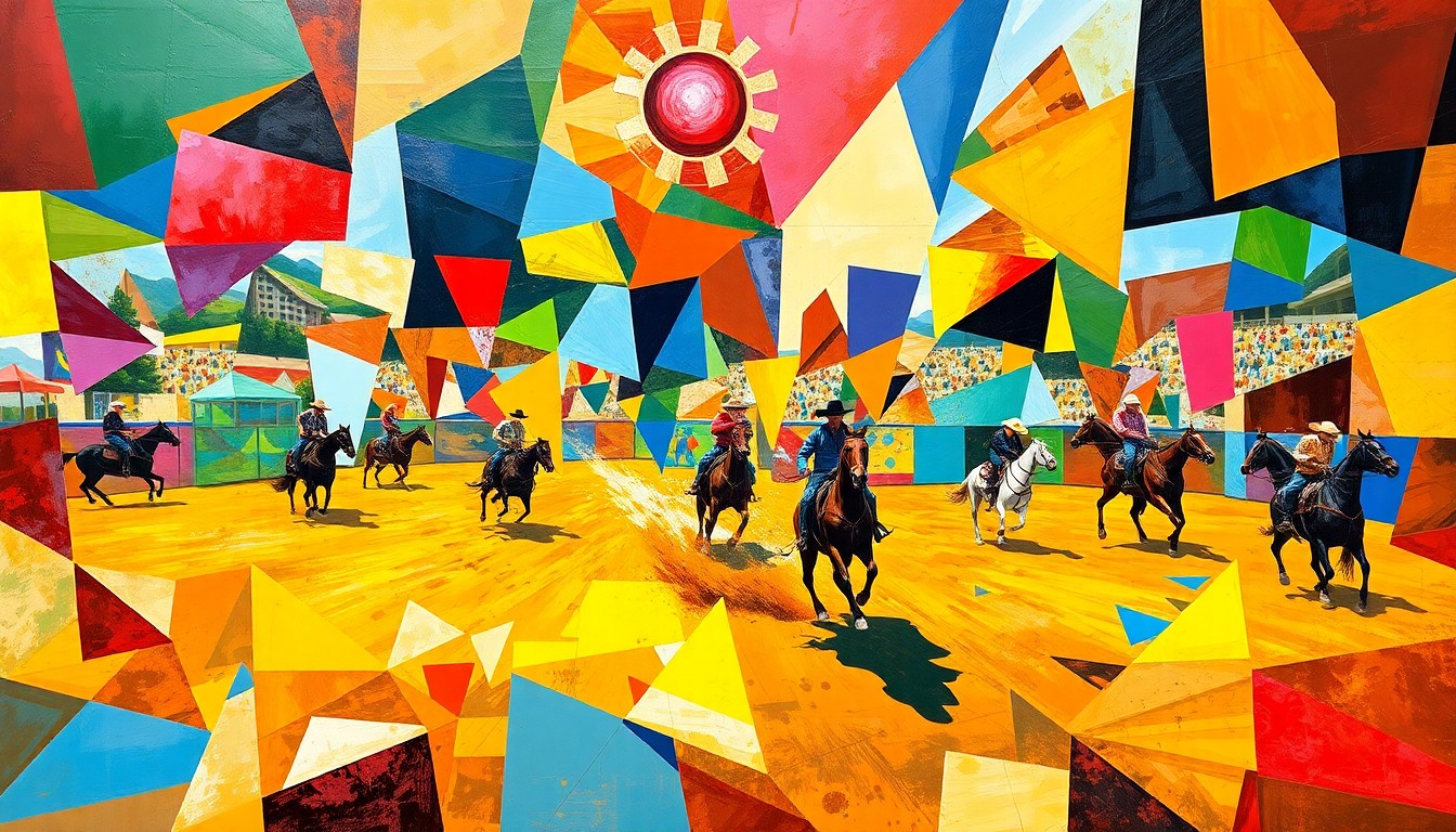 A fractured, multi-perspective painting in bold, geometric shapes and vibrant colors representing the dynamic movements and energy of a rodeo competition.