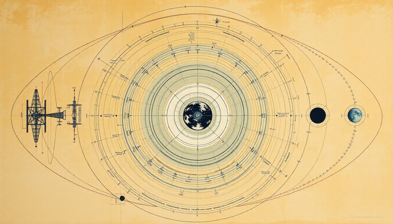 A highly structured abstract painting in soft earthy tones, featuring sweeping geometric arcs, concentric circles, and precise botanical spirals, conceptually representing the complex network of radio antennas and deep space communication systems that enable NASA's Artemis II mission to the Moon.