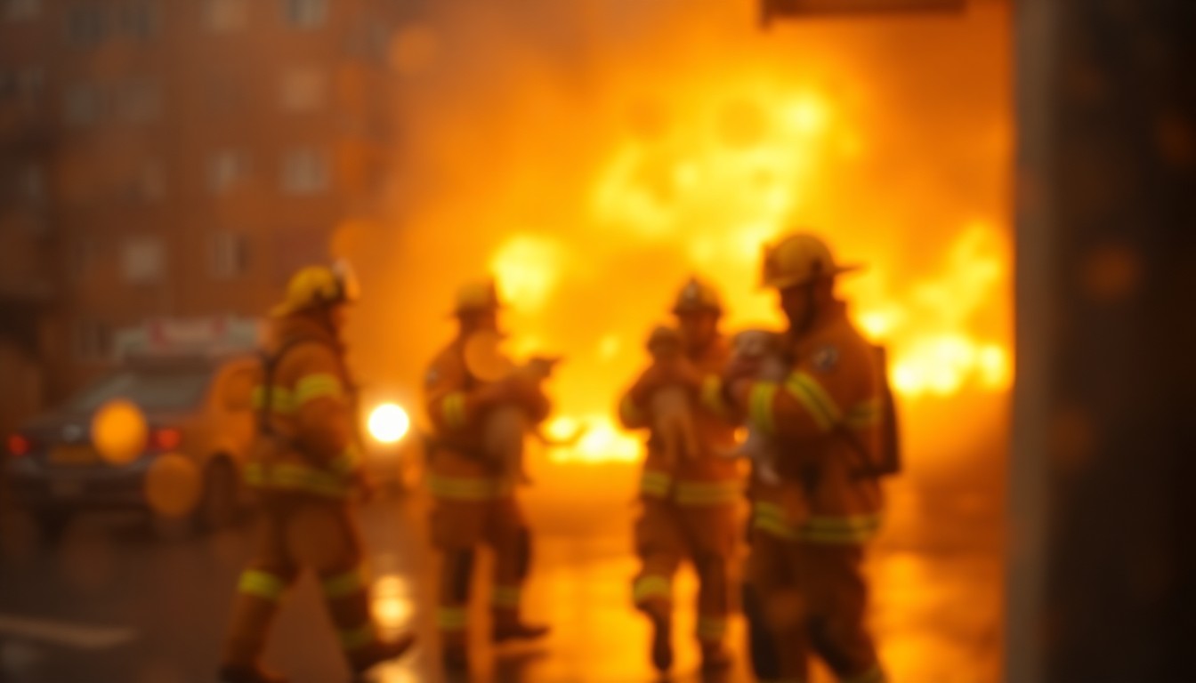 An abstract, impressionistic photograph showing the blurred silhouettes of firefighters carrying rescued animals through a hazy, out-of-focus scene, conveying the emotion and urgency of the rescue effort.