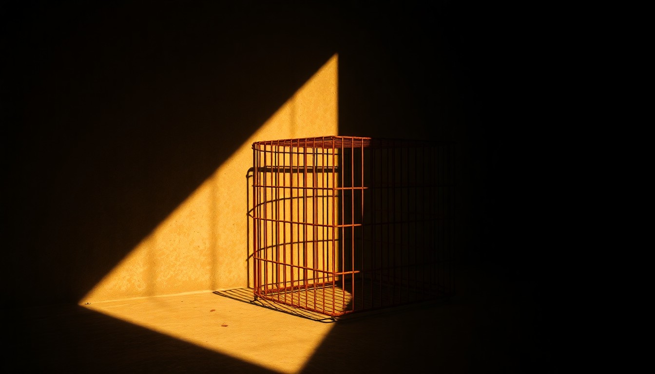A close-up view of a rusted metal cage, its bars casting long shadows across the surface, conveying a sense of neglect and confinement.